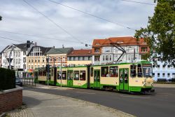 Straßenbahn Brandenburg Havel Tram CKD Tatra KT4D KTNF6 am Nikolaiplatz in der Altstadt