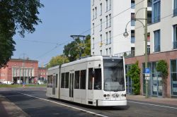 Straßenbahn Dessau Tram Bombardier Flexity Classic mit Werbung Lotto hinter der Station Museum mit Turm