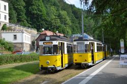 Straßenbahn Bad Schandau Kirnitzschtalbahn Tram Gothawagen beim Rangieren / Umfahren der Beiwagen and der Endhaltestelle in Bad Schandau