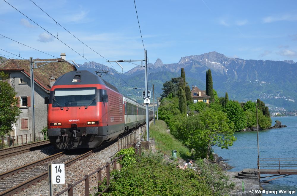 Die als 'Lok 2000' bekannt gewordene Re 460 Nummer 460 043 zieht am 10. Mai 2015 den InterRegio IR 1730 von Brig nach Genève-Aeroport (Genf Flughafen) durch den Ort Saint-Saphorin am Genfersee