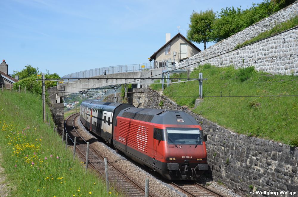 Unter einer nicht gerade steigungsarmen Straße hindurch fährt 460 099 bei Bossière mit IC 719 am Haken von Genf nach St. Gallen (10.05.2015)